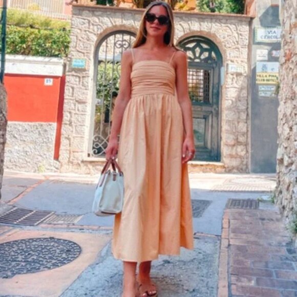 Abercrombie Fitch Sz S Peach Cotton Poplin Emerson Midi Dress Strapless Smocked - Picture 2 of 10